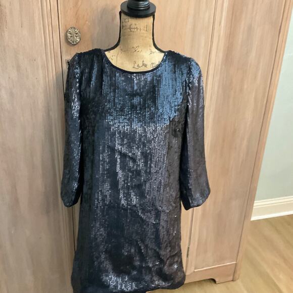 J.Crew Tie V-Back Sequin 3/4 Sleeve Mini Dress Size 4 Navy Holiday Disco NWT - Picture 13 of 15